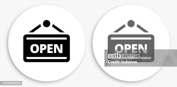 ilustraciones, imágenes clip art, dibujos animados e iconos de stock de icono redondo en blanco y negro abierto - rótulo con el horario