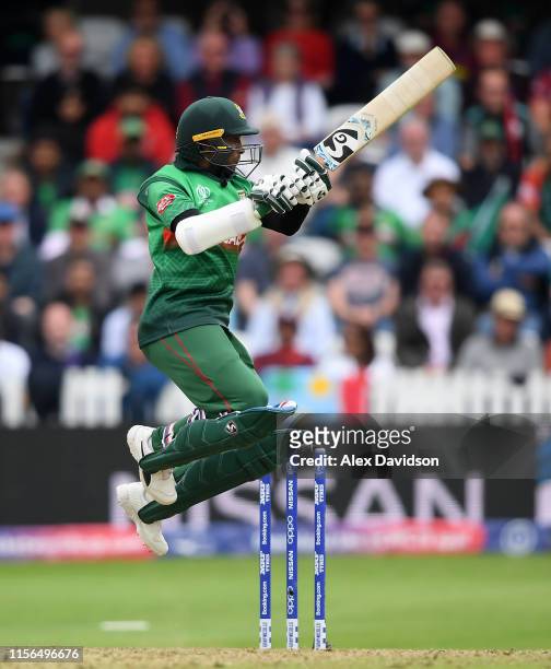 Shakib Al Hasan of Bangladesh bats during the Group Stage match of the ICC Cricket World Cup 2019 between West Indies and Bangladesh at The County...