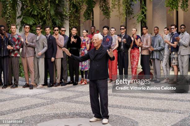 Fashion designer Giorgio Armani acknowledges the audience at the Giorgio Armani fashion show during the Milan Men's Fashion Week Spring/Summer 2020...