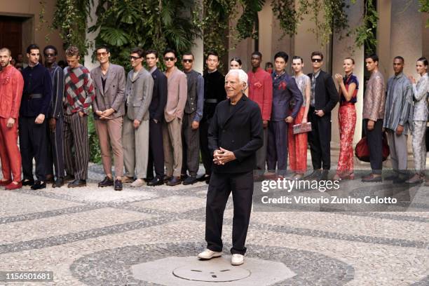 Fashion designer Giorgio Armani acknowledges the audience at the Giorgio Armani fashion show during the Milan Men's Fashion Week Spring/Summer 2020...