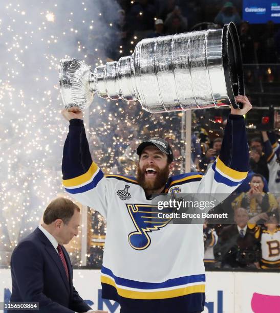 Alex Pietrangelo of the St. Louis Blues holds the Stanley Cup following the Blues victory over the Boston Bruins at TD Garden on June 12, 2019 in...