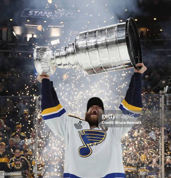 Alex Pietrangelo of the St. Louis Blues holds the Stanley Cup following the Blues victory over the Boston Bruins at TD Garden on June 12, 2019 in...