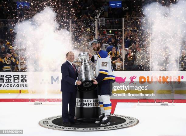 Alex Pietrangelo of the St. Louis Blues holds the Stanley Cup following the Blues victory over the Boston Bruins at TD Garden on June 12, 2019 in...