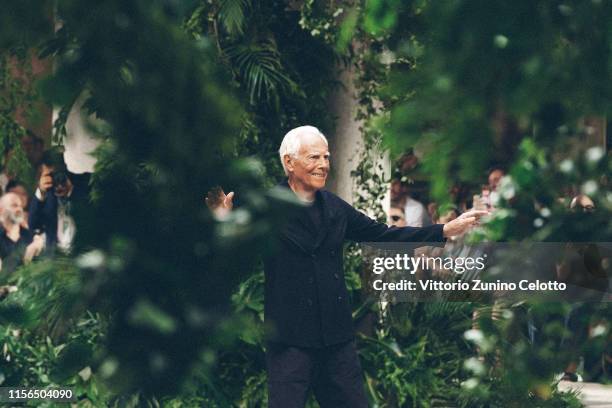 Fashion designer Giorgio Armani acknowledges the audience at the Giorgio Armani fashion show during the Milan Men's Fashion Week Spring/Summer 2020...