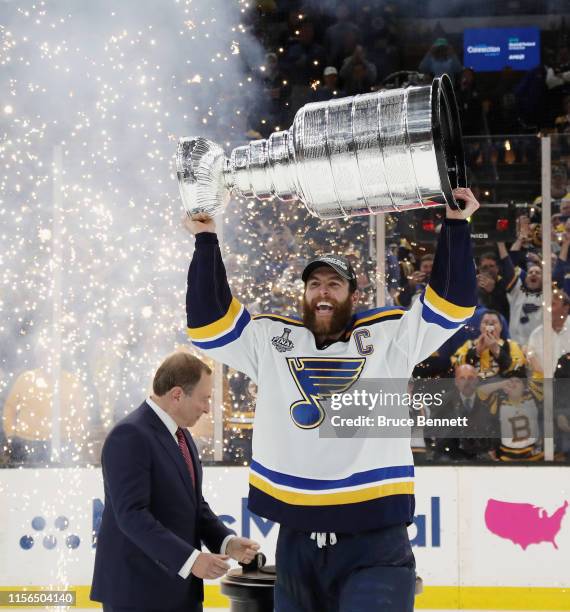 Alex Pietrangelo of the St. Louis Blues holds the Stanley Cup following the Blues victory over the Boston Bruins at TD Garden on June 12, 2019 in...