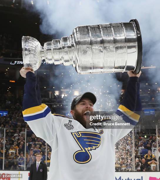 Alex Pietrangelo of the St. Louis Blues holds the Stanley Cup following the Blues victory over the Boston Bruins at TD Garden on June 12, 2019 in...