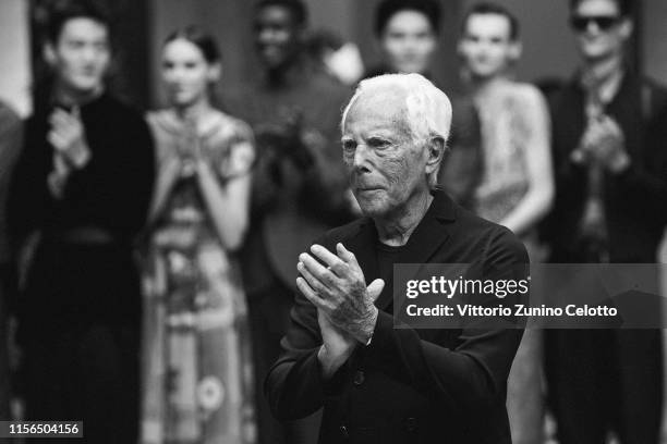 Fashion designer Giorgio Armani acknowledges the audience at the Giorgio Armani fashion show during the Milan Men's Fashion Week Spring/Summer 2020...