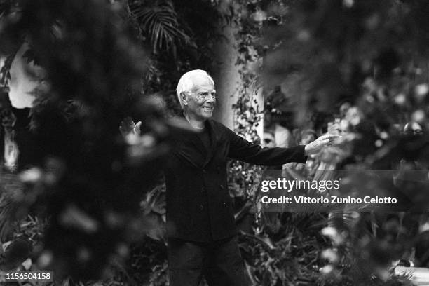 Fashion designer Giorgio Armani acknowledges the audience at the Giorgio Armani fashion show during the Milan Men's Fashion Week Spring/Summer 2020...