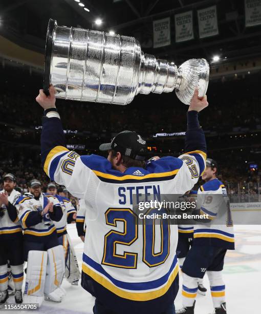 Alexander Steen of the St. Louis Blues holds the Stanley Cup following the Blues victory over the Boston Bruins at TD Garden on June 12, 2019 in...