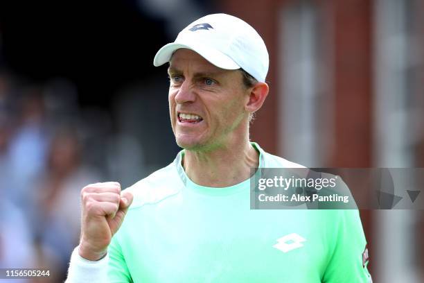 Kevin Anderson of South Africa celebrates during his mens singles first round match against Cameron Norrie of Great Britain during day one of the...