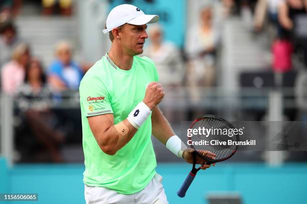 Kevin Anderson of South Africa celebrates match point during his First Round Singles Match against Cameron Norrie of Great Britain during Day One of...