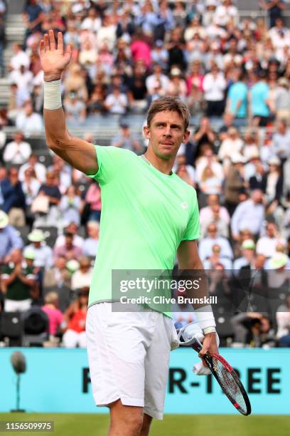 Kevin Anderson of South Africa celebrates victory after his First Round Singles Match against Cameron Norrie of Great Britain during Day One of the...