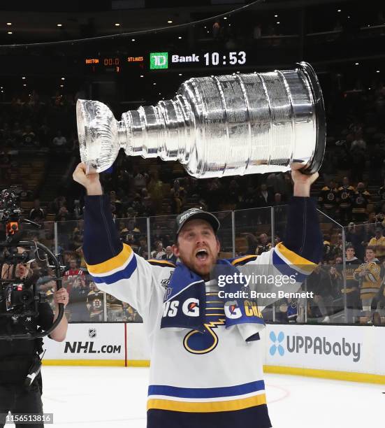 Jaden Schwartz of the St. Louis Blues holds the Stanley Cup following the Blues victory over the Boston Bruins at TD Garden on June 12, 2019 in...