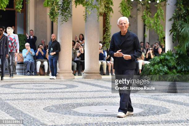 Giorgio Armani walks the runway at the Giorgio Armani fashion show during the Milan Men's Fashion Week Spring/Summer 2020 on June 17, 2019 in Milan,...