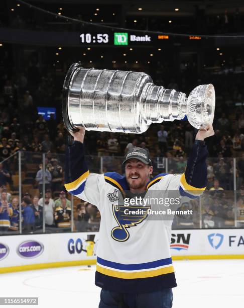 Tyler Bozak of the St. Louis Blues holds the Stanley Cup following the Blues victory over the Boston Bruins at TD Garden on June 12, 2019 in Boston,...