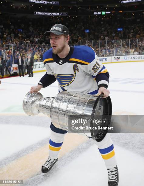 Vladimir Tarasenko of the St. Louis Blues holds the Stanley Cup following the Blues victory over the Boston Bruins at TD Garden on June 12, 2019 in...