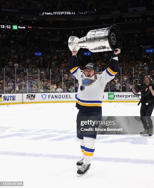 Vladimir Tarasenko of the St. Louis Blues holds the Stanley Cup following the Blues victory over the Boston Bruins at TD Garden on June 12, 2019 in...