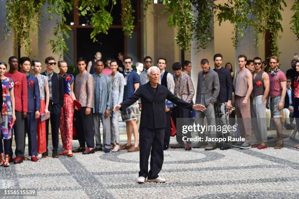 Giorgio Armani walks the runway at the Giorgio Armani fashion show during the Milan Men's Fashion Week Spring/Summer 2020 on June 17, 2019 in Milan,...