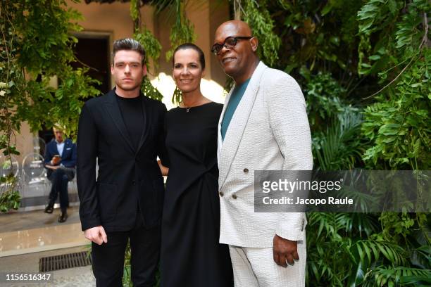 Richard Madden, Roberta Armani and Samuel L. Jackson attend the Giorgio Armani fashion show during the Milan Men's Fashion Week Spring/Summer 2020 on...
