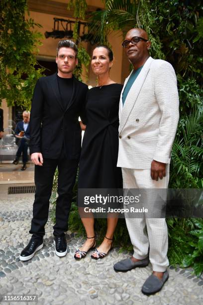 Richard Madden, Roberta Armani and Samuel L. Jackson attend the Giorgio Armani fashion show during the Milan Men's Fashion Week Spring/Summer 2020 on...