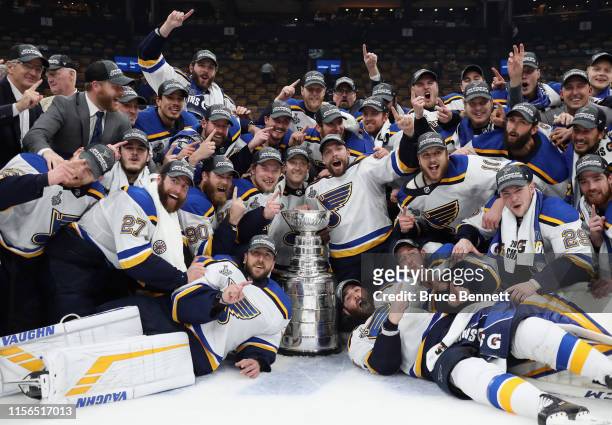 The St. Louis Blues celebrate their Stanley Cup victory following the Blues victory over the Boston Bruins at TD Garden on June 12, 2019 in Boston,...