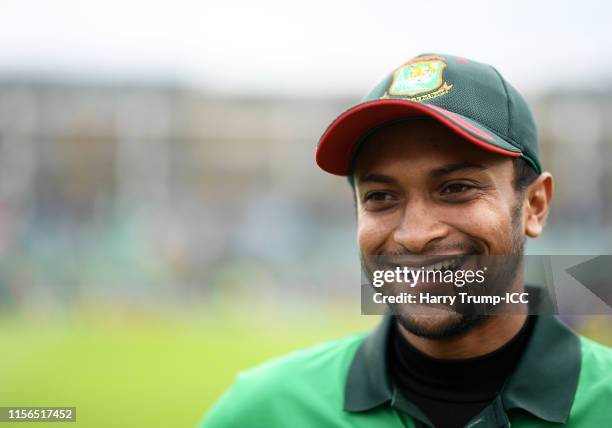 Shakib Al Hasan of Bangladesh looks on during the Group Stage match of the ICC Cricket World Cup 2019 between West Indies and Bangladesh at The...