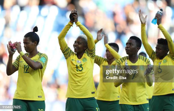 South Africa players show appreciation to the fans after the 2019 FIFA Women's World Cup France group B match between South Africa and Germany at...