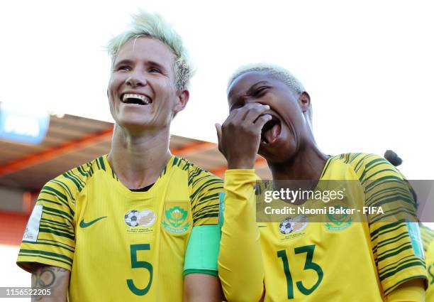 South Africa players react after the 2019 FIFA Women's World Cup France group B match between South Africa and Germany at Stade de la Mosson on June...