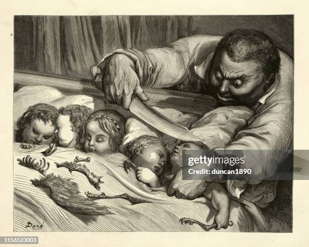 ogre, ausgetrickst von tom thumb, perraults märchen - märchen stock-grafiken, -clipart, -cartoons und -symbole