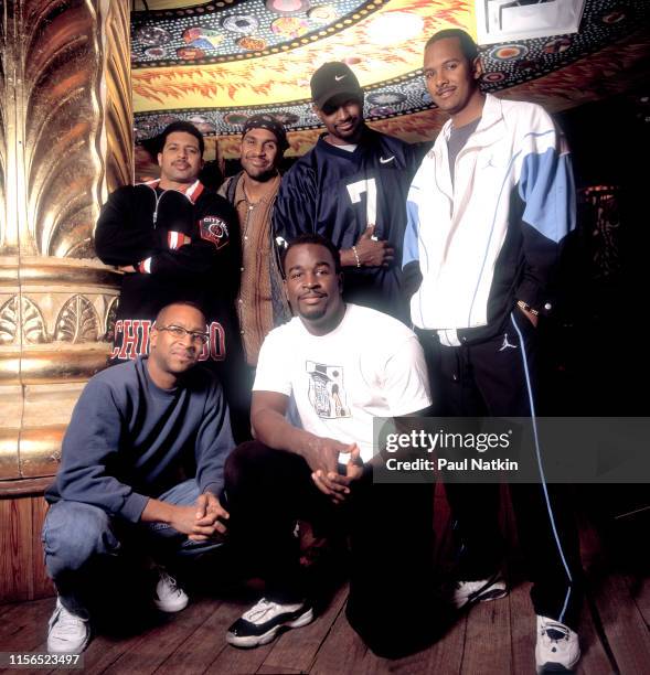 Portrait of American Gospel and R&B group Take 6 backstage at the House of Blues, Chicago, Illinois, January 15, 1997. The group includes Claude V...