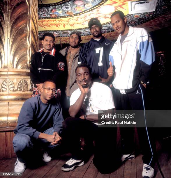 Portrait of American Gospel and R&B group Take 6 backstage at the House of Blues, Chicago, Illinois, January 15, 1997. The group includes Claude V...