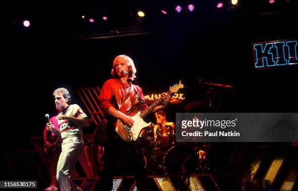 From left, American Rock musicians Dennis DeYoung, Tommy Shaw, and John Panozzo , all of group Styx, perform onstage during the group's 'Kilroy Was...