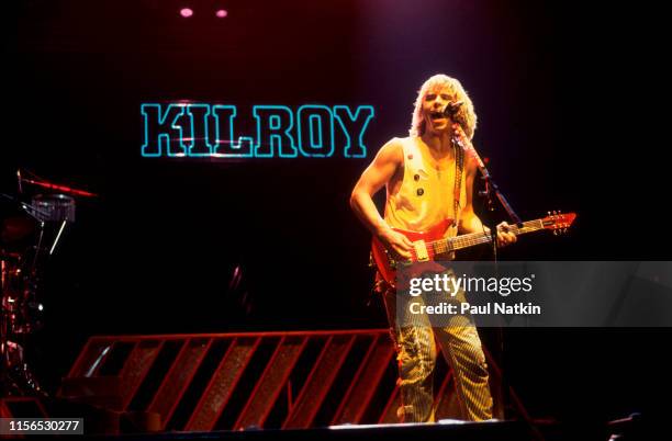 American Rock musician Tommy Shaw, of the group Styx, plays guitar during the group's 'Kilroy Was Here Tour' at the Auditorium Theater, Chicago,...