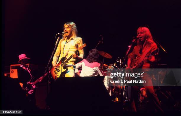 American Rock group Styx performs onstage at the Auditorium Theater, Chicago, Illinois, September 23, 1977. Pictured are, from left, Chuck Panozzo,...