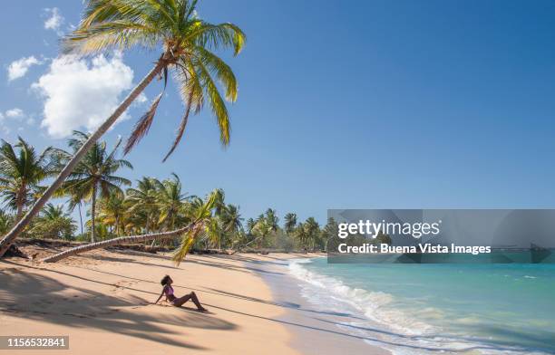 young woman on a deserted beach - coconut beach woman stock pictures, royalty-free photos & images