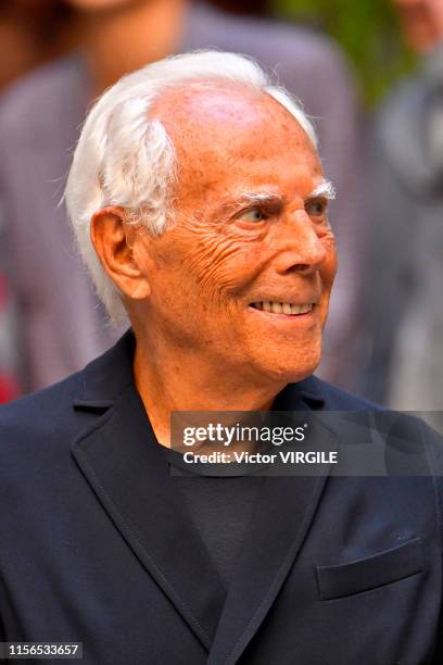 Fashion designer Giorgio Armani walks the runway at the Giorgio Armani fashion show during the Milan Men's Fashion Week Spring/Summer 2020 on June...