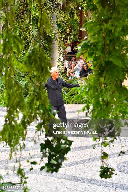 Fashion designer Giorgio Armani walks the runway at the Giorgio Armani fashion show during the Milan Men's Fashion Week Spring/Summer 2020 on June...