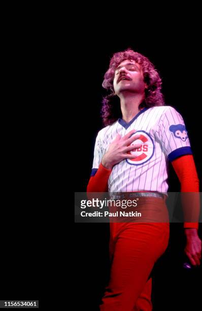 American Rock musician Dennis DeYoung, of the group Styx, performs onstage at the International Amphitheatre, Chicago, Illinois, November 24, 1979.
