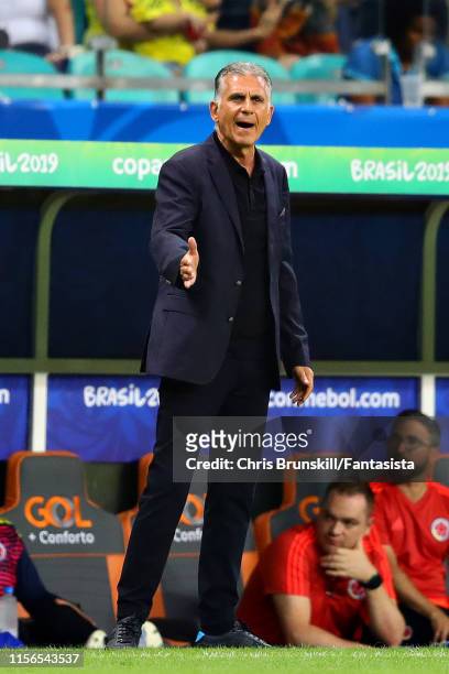 Coach of Colombia Carlos Queiroz gestures during the Copa America Brazil 2019 group B match between Argentina and Colombia at Arena Fonte Nova on...