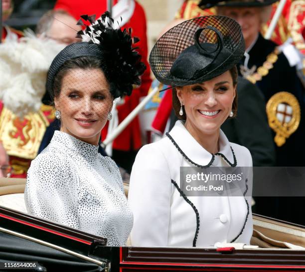 Queen Letizia of Spain and Catherine, Duchess of Cambridge attend the Order of the Garter service at St George's Chapel on June 17, 2019 in Windsor,...