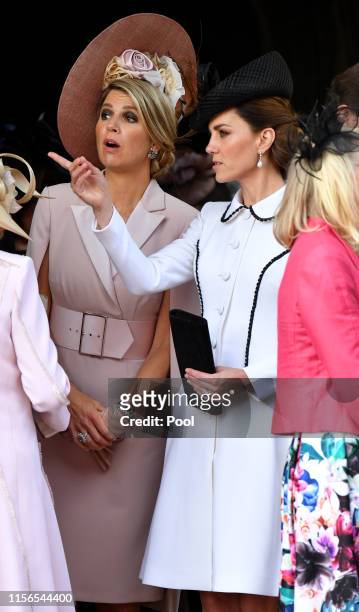 Queen Maxima of the Netherlands and Catherine, Duchess of Cambridge attend the Order of the Garter service at St George's Chapel on June 17, 2019 in...