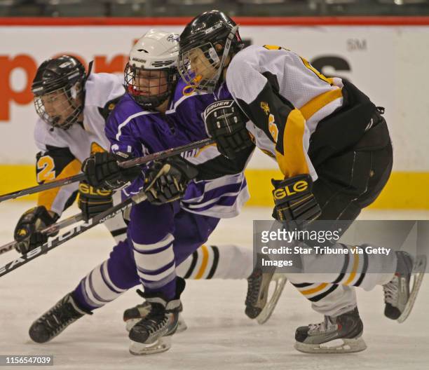 Bbisping@startribune.com St. Paul, MN., Wednesday, 2/23/11] Eveleth vs Red Wing Eveleth's Kaylen Erchul, Red Wing's Paige Haley and Eveleth's Kayla...