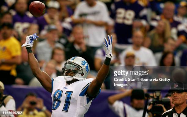 Lions receiver Calvin Johnson celebrated after catching a 32 yard touchdown in the third quarter during Sunday NFL action between the Detroit Lions...