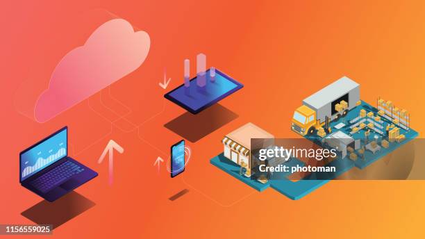 cloud network concept; isometric cloud technology and cargo delivery process concept on orange background - cloud computing services stock illustrations