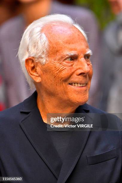 Fashion designer Giorgio Armani walks the runway at the Giorgio Armani fashion show during the Milan Men's Fashion Week Spring/Summer 2020 on June...