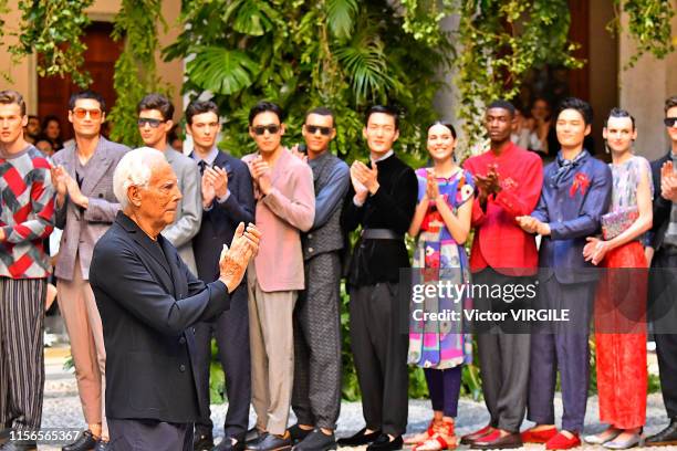 Fashion designer Giorgio Armani walks the runway at the Giorgio Armani fashion show during the Milan Men's Fashion Week Spring/Summer 2020 on June...