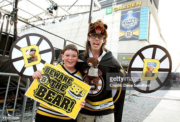Fans show their support for the Boston Bruins prior to Game Four of the 2011 NHL Stanley Cup Finals against the Vancouver Canucks at TD Garden on...