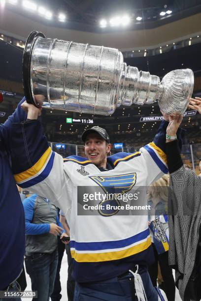 Jordan Binnington of the St. Louis Blues holds the Stanley Cup following the Blues victory over the Boston Bruins at TD Garden on June 12, 2019 in...