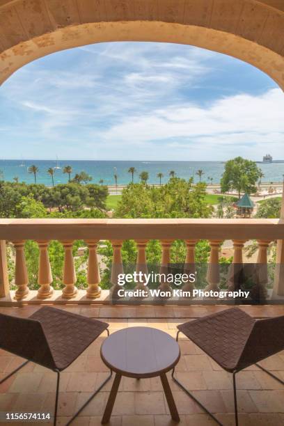 terrace with ocean view - palma de mallorca spanje stockfoto's en -beelden