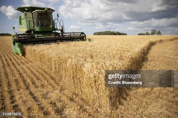 Worker operates a Deere & Co. John Deere brand combine harvester during a wheat harvest at a farm in Kirkland, Illinois, U.S., on Monday, July 15,...